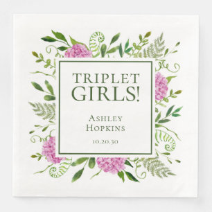 Serviette En Papier Triplet Girls Pink Hydrangeas Baby shower fille