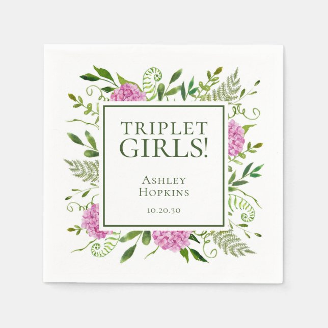 Serviette En Papier Triplet Girls Pink Hydrangeas Baby shower fille (Devant)