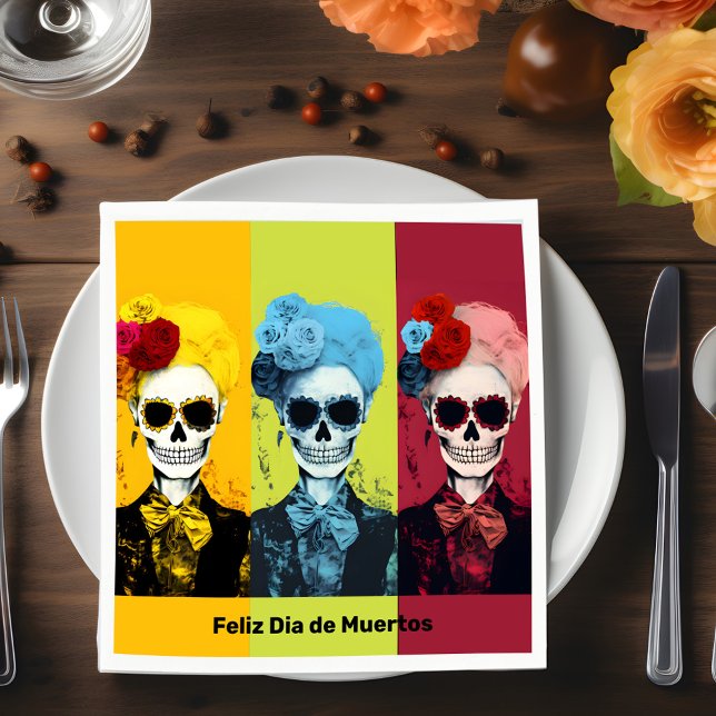 Serviette En Papier Triptyque de Dia de Muertos Calavera Catrina (Triptych of Dia de Muertos Calavera Catrina Napkins, customizable text)