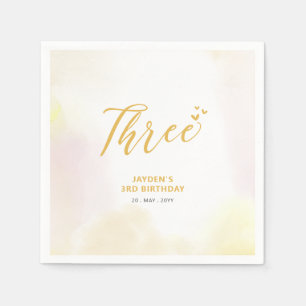 Serviette En Papier Trois Cœurs Jaunes & Aquarelle 3ème Anniversair
