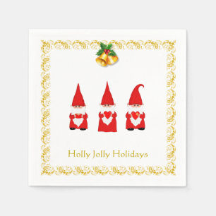 Serviette En Papier Trois Gnomes de Noël sur des serviettes blanches