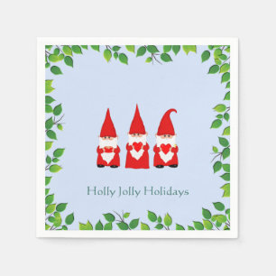 Serviette En Papier Trois lutins de Noël et cadre de feuille sur fond 