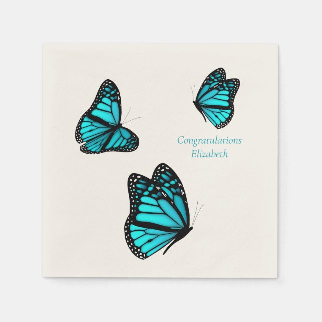 Serviette En Papier trois papillons turquoise cocktail personnalisé (Devant)