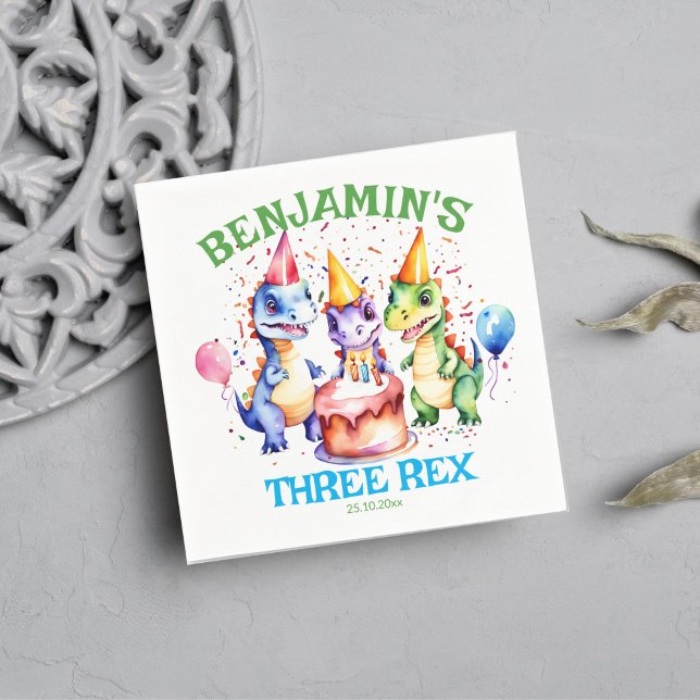 Serviette En Papier Trois rex jolie dinosaures anniversaire vaisselle (Dinosaur three rex birthday party tableware personalized napkins cute colorful dinosaurs with cake)