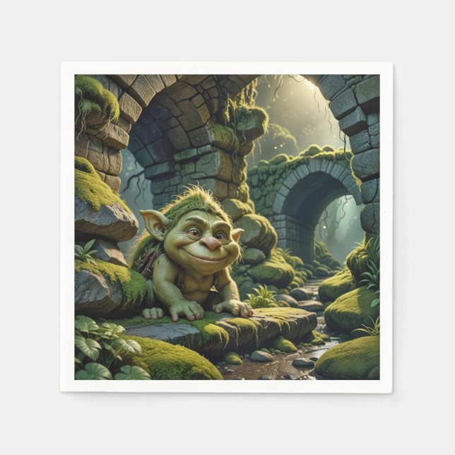 Serviette En Papier Troll vert sous un pont de pierre (Devant)