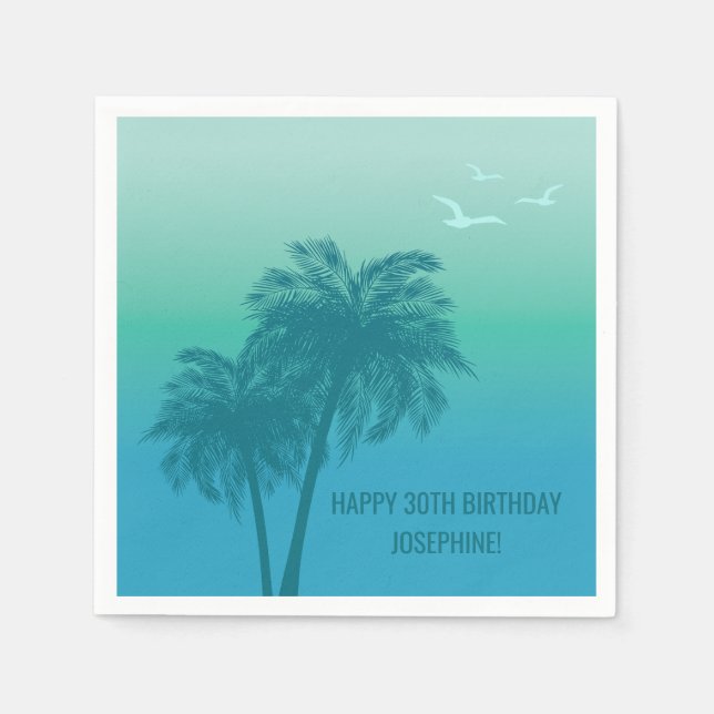 Serviette En Papier Tropical Aqua Blue Palm Trees Happy Birthday (Devant)