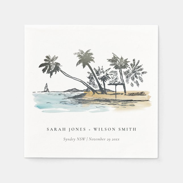 Serviette En Papier Tropical Beach Palm Tree Sketch Mariage d'aquarell (Devant)