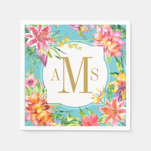 Serviette En Papier Tropical Chic 3 Lettre Monogramme Floral Aquarelle (Devant)