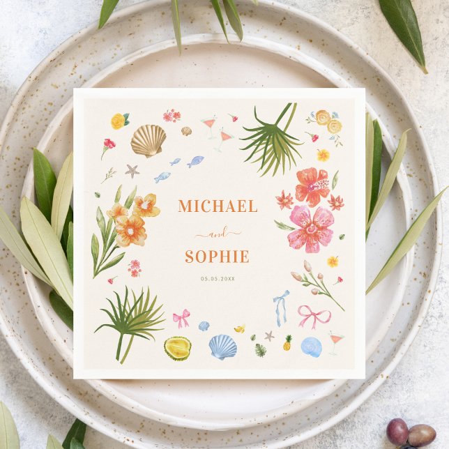Serviette En Papier Tropical Coastal Mariage de fleurs dessinées à la  (Créateur téléchargé)