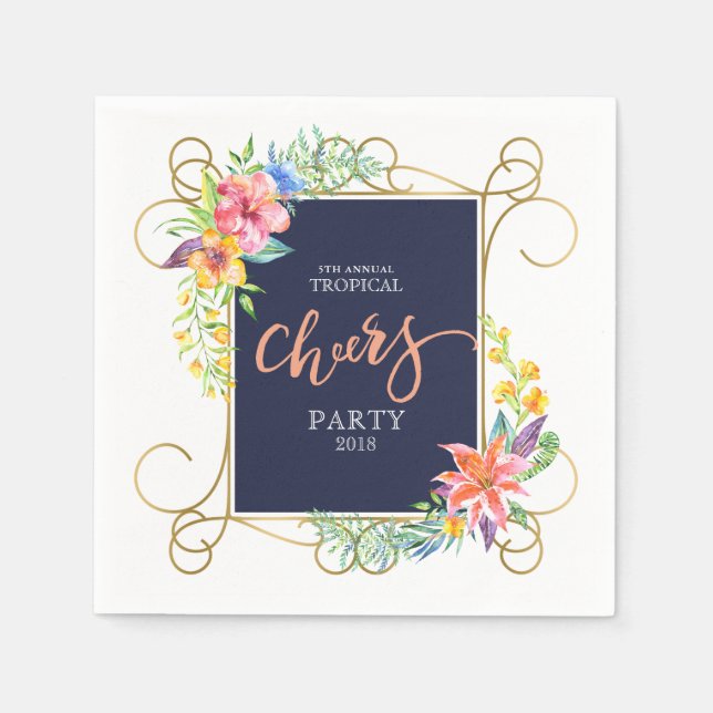 Serviette En Papier Tropical Holiday Cheers Fleurs & Gold Frame (Devant)