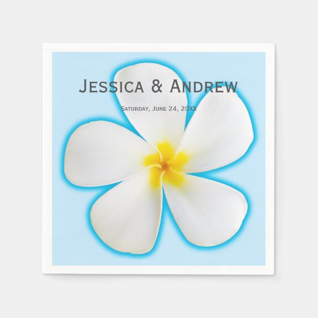 Serviette En Papier Tropical, Plumeria blanche sur Bleu, Floral, Servi (Devant)