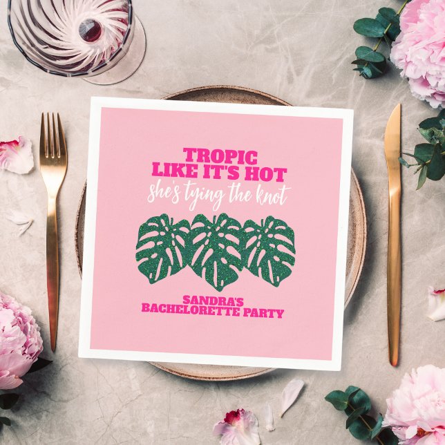 Serviette En Papier Tropical Rose Pailleté Fête de Bachelorette Monste (Tropical Pink Glitter Monstera Bachelorette Party Napkins)