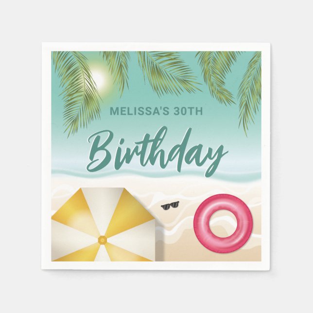 Serviette En Papier Tropical Summer Palm Leaves On Sand Beach Birthday (Devant)