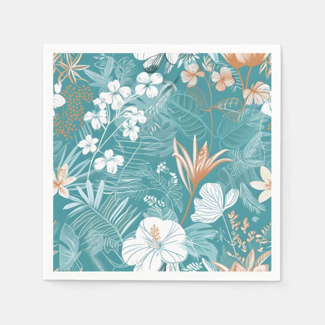 Serviette En Papier Tropical Turquoise & Terracotta Hibiscus Floral  (Devant)