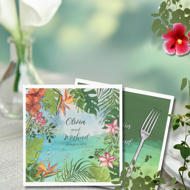 Serviette En Papier Tropical Wedding  Watercolor Hibiscus Palm Green (Tropical Wedding Watercolor Hibiscus Palm Green Napkins)
