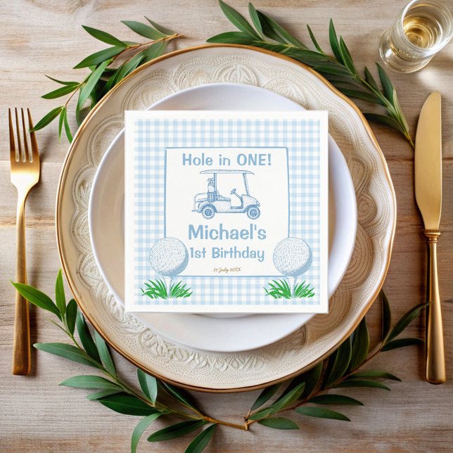 Serviette En Papier Trou dans un en vichy de golf bleu monogrammed (Hole in one blue gingham golf 1st birthday party monogrammed napkins personalized table decor)