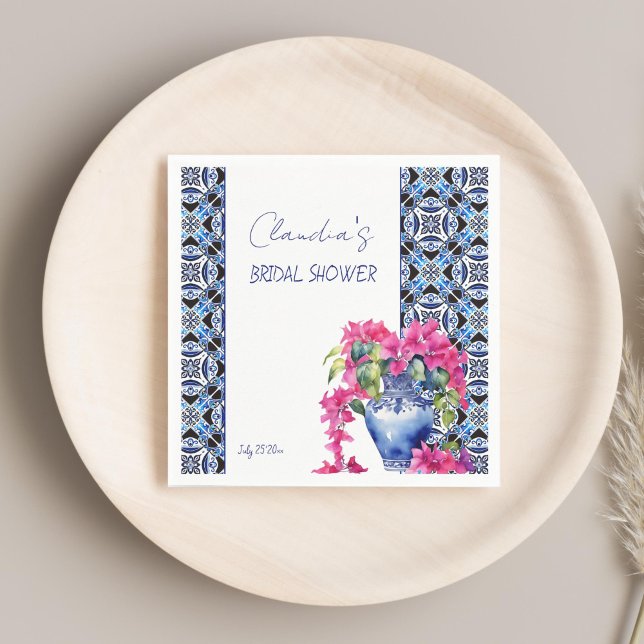 Serviette En Papier Tuiles françaises bleues Bougainvillea Baby Shower (Blue French Mediterranean Tiles Bougainvillea ceramic vase bridal shower printed Napkins table decor)