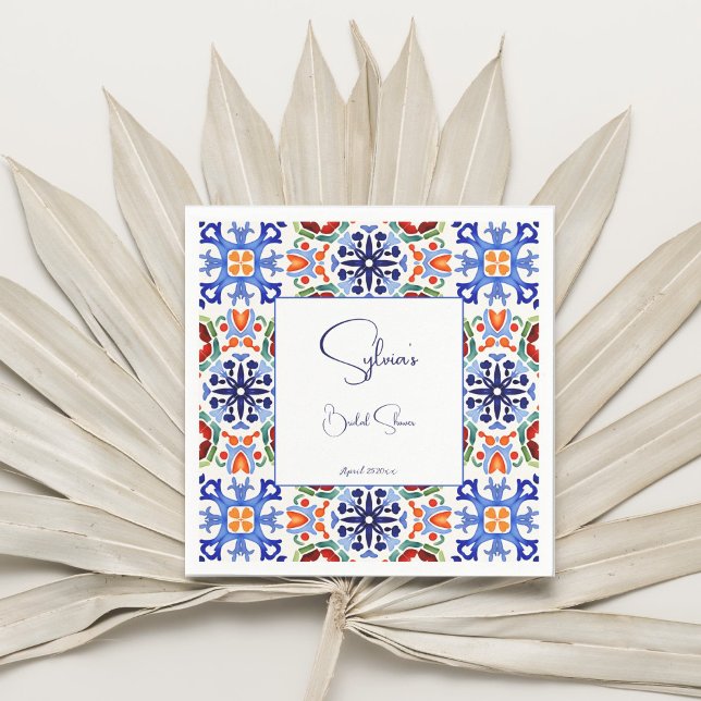 Serviette En Papier Tuiles imprimées pour enterrement de vie de jeune  (Blue Mexican talavera azulejo bold colorful tiles Spanish bridal shower printed Napkins template)
