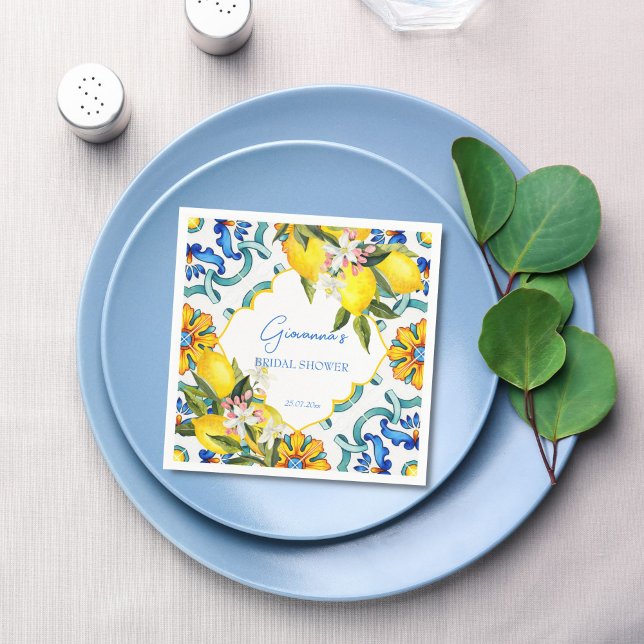 Serviette En Papier tuiles méditerranéennes en majolique citrons showe (Mediterranean Majolica blue tiles lemons bridal shower personalized printed Napkins table decor)