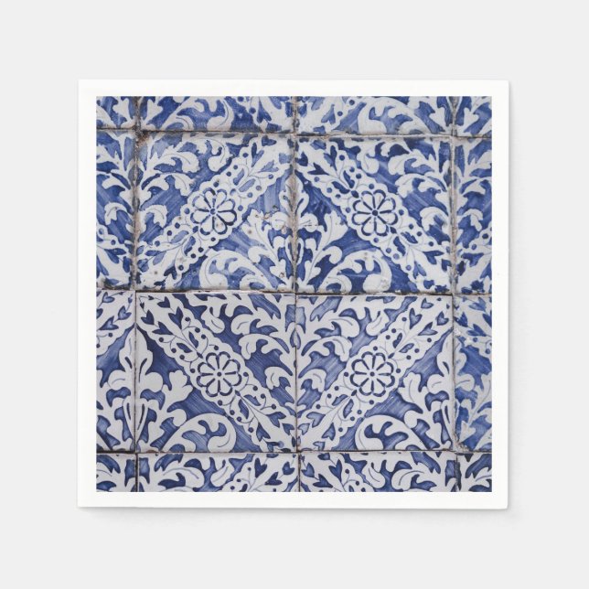 Serviette En Papier Tuiles portugaises - Azulejo Floral bleu et blanc (Devant)