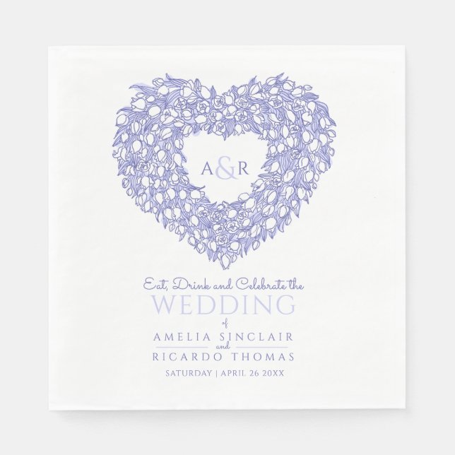 Serviette En Papier Tulip wreath ink dessin monogramme bleu mariage (Devant)
