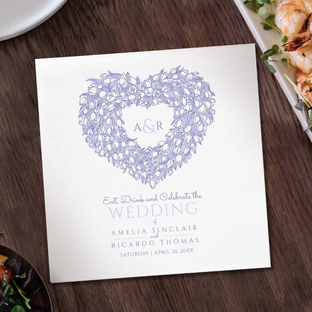 Serviette En Papier Tulip wreath ink dessin monogramme bleu mariage (Créateur téléchargé)