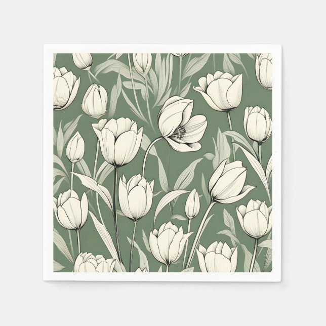 Serviette En Papier Tulipe Botanique Sur Sage Green (Devant)