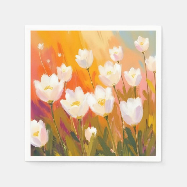 Serviette En Papier Tulipes blanches champ de fleurs à l'aquarelle (Devant)