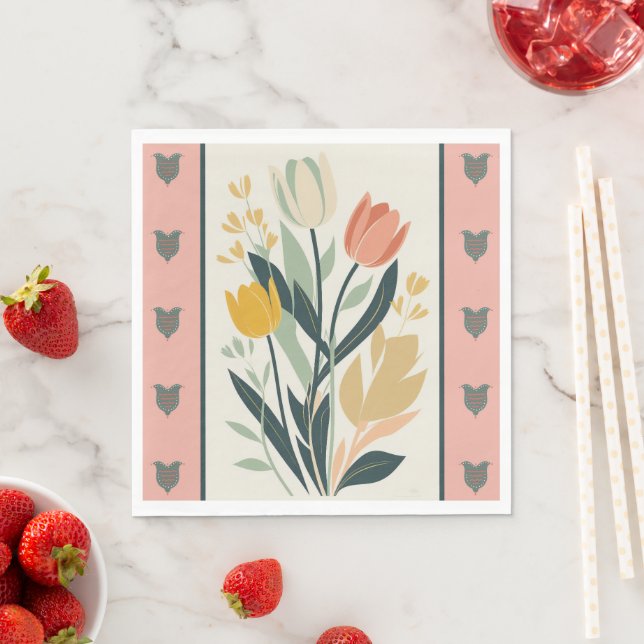 Serviette En Papier Tulipes d'art populaire scandinave (En situation)