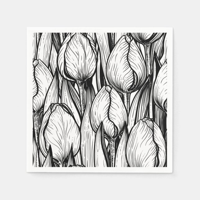 Serviette En Papier Tulipes en noir et blanc (Devant)