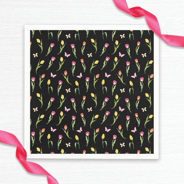 Serviette En Papier Tulipes & Papillons Motif Noir Enterrement de Vie  (Créateur téléchargé)