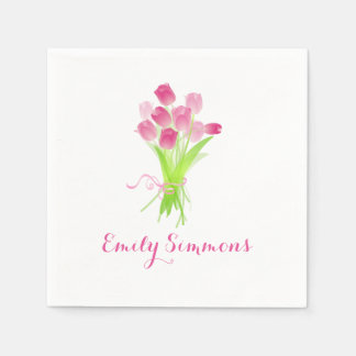 Serviette En Papier Tulipes roses et nom - Cocktail Napkin