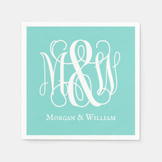 Serviette En Papier Turq Aqua Blanc B&G Vigne Script Monogramme DIY BG