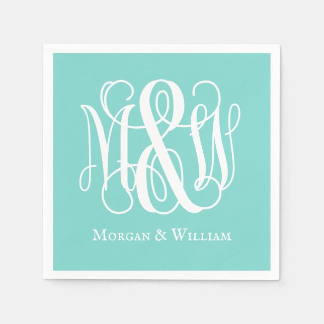 Serviette En Papier Turq Aqua Blanc B&G Vigne Script Monogramme DIY BG (Devant)