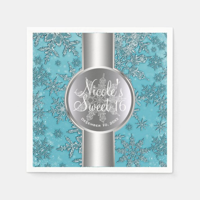 Serviette En Papier Turquoise Aqua Snowflakes Winter Wonderland Party (Devant)