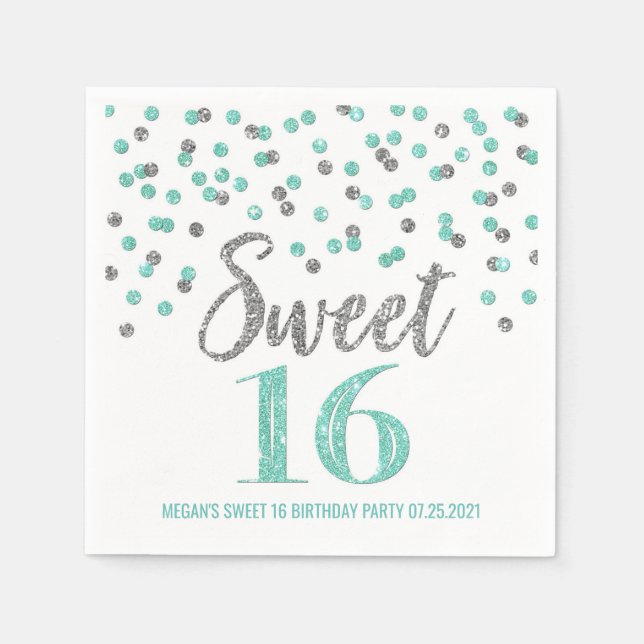 Serviette En Papier Turquoise Argent Confetti Sweet 16 Anniversaire (Devant)