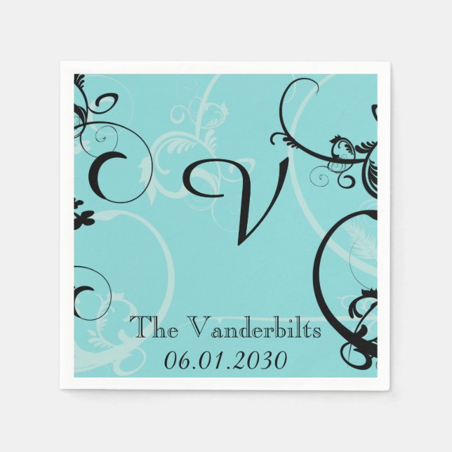 Serviette En Papier Turquoise avec Mariage Monogram Flourish Noir (Devant)