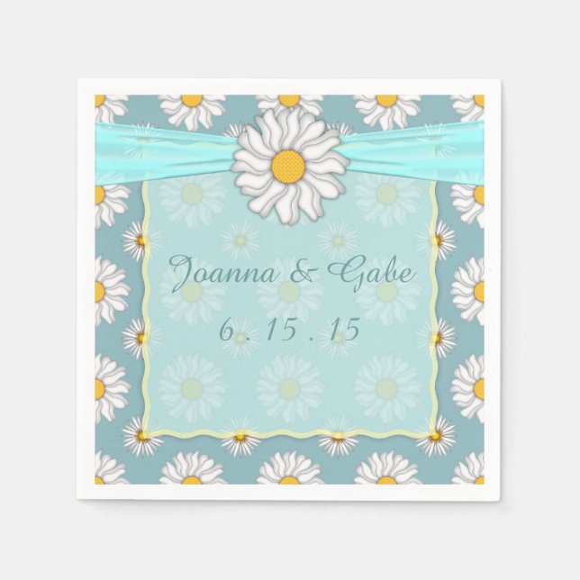 Serviette En Papier Turquoise Blanc Jaune Fleur Mariage (Devant)