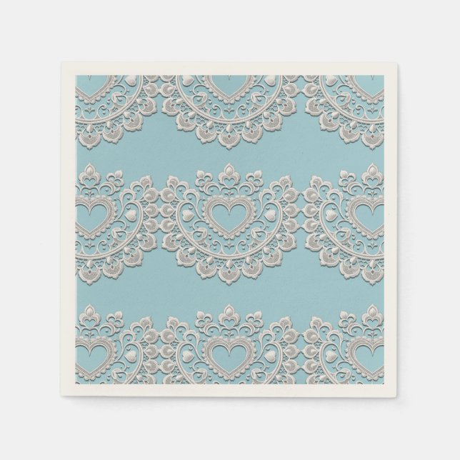 Serviette En Papier Turquoise Bleu Blanc Dentelle Cœur Mariage Mariée (Devant)