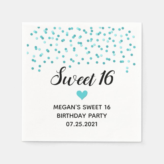 Serviette En Papier Turquoise Bleu Confetti Sweet 16 Anniversaire (Devant)