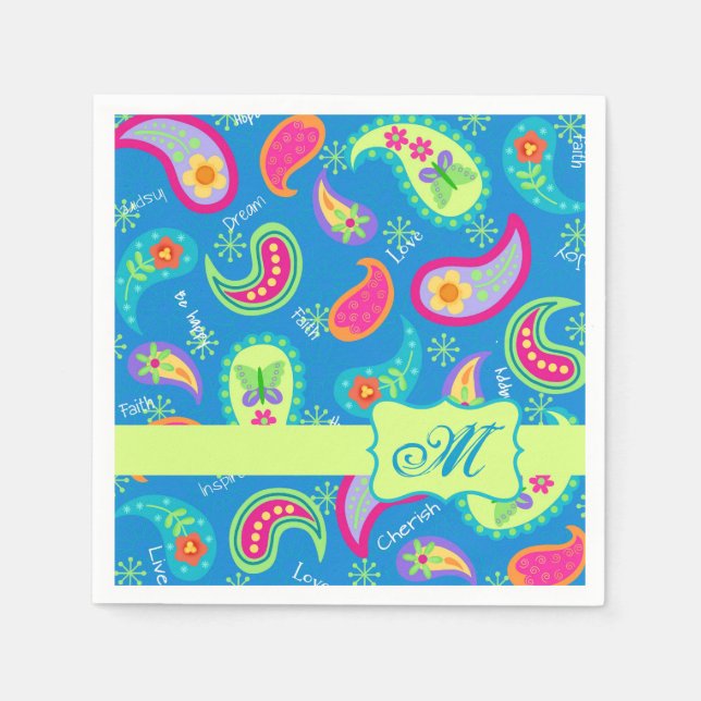 Serviette En Papier Turquoise bleu moderne Motif Paisley Monogramme (Devant)