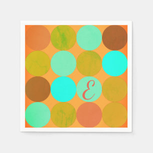 Serviette En Papier Turquoise Bleu Vert & Cercles Orange Monogramme