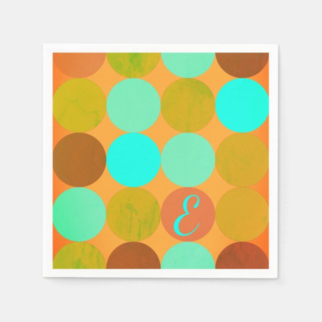 Serviette En Papier Turquoise Bleu Vert & Cercles Orange Monogramme (Devant)