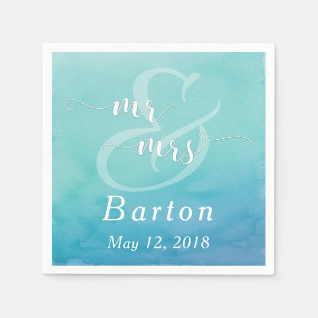 Serviette En Papier Turquoise & Blue Watercolor Mariage Mr & Mrs Typog (Devant)