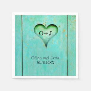 Serviette En Papier Turquoise Bois rustique Coeur monogramme