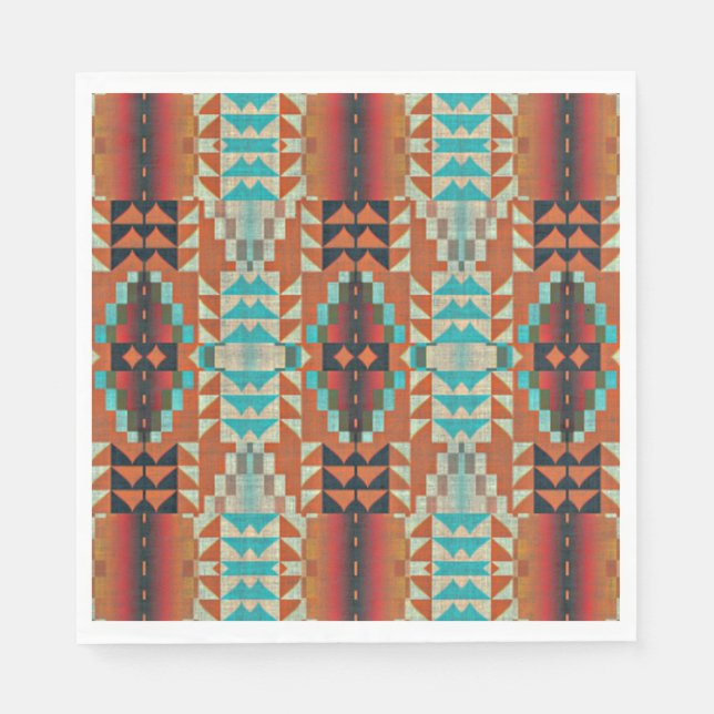 Serviette En Papier Turquoise Brown Burnt Orange Mosaic Motif (Devant)