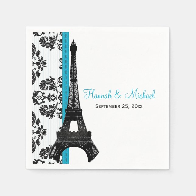 Serviette En Papier TURQUOISE Damask Tour Eiffel Mariage (Devant)