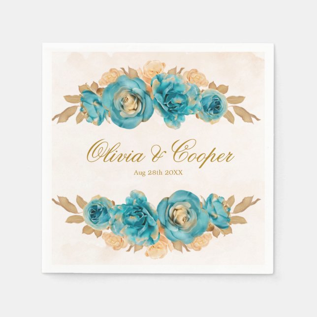 Serviette En Papier Turquoise et crémeux or aquarelle Florals Mariage (Devant)