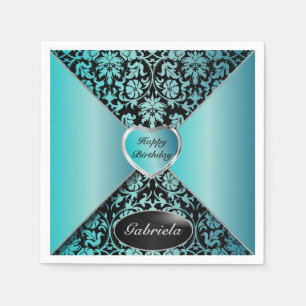 Serviette En Papier Turquoise et damassé noire