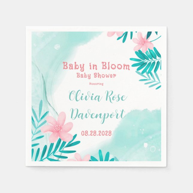 Serviette En Papier Turquoise et rose Floral Baby in Bloom Baby shower (Devant)